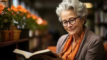 AI generated Retired woman in the library is reading a book intently in a quiet corner. Generative AI photo