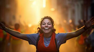 ai generado determinado hembra corredores emprendedor su límites en un vibrante ciudad maratón evento. generativo ai foto