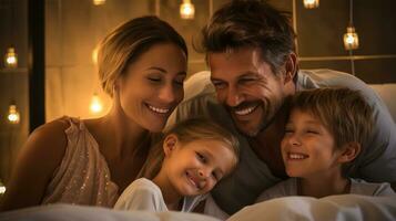 AI generated A family lies in bed after spa and enjoys skin care. Generative AI photo