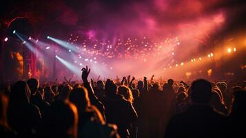 ai generado aficionados disfrutar En Vivo actuaciones de su favorito bandas a un animado local música festival. generativo ai foto