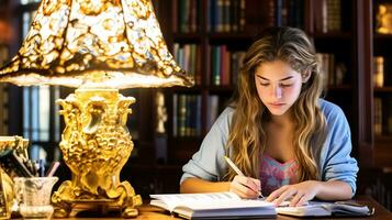 AI generated Girl focusing on her homework in a dimly lit bedroom. Generative AI photo