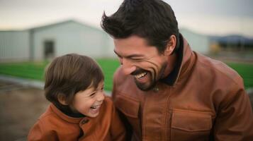 AI generated Father and daughter laughing outside a sustainable greenhouse. Generative AI photo