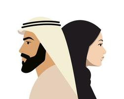 Profile portrait of an Arab man and woman in traditional clothing, standing back to back. Cultural attire and style. Togetherness, equality and heritage concept. Isolated vector. vector