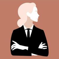 de cerca perfil silueta retrato de un confidente mujer en un elegante formal negocio traje, en pie con cruzado brazos. profesional, confidente y empoderado mujer. vector. vector