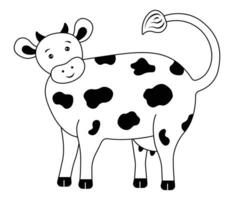 Spotted cute cow with horns, curious happy farm animal, vector black and white illustration