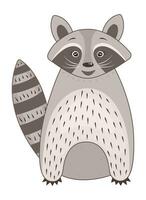 Happy cute raccoon stands and smiles, vector color illustration