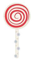 Round lollipop on a stick, cute circle candy with a red swirl, winter caramel with a spiral and snowflakes, groovy color vector illustration