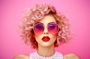 AI generated cute young woman wearing sunglasses over pink background woman photo