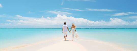 ai generado Pareja caminando en un tropical blanco arenoso playa foto