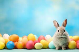 AI generated A lively background with a cute bunny, vibrant eggs, and playful festivities photo
