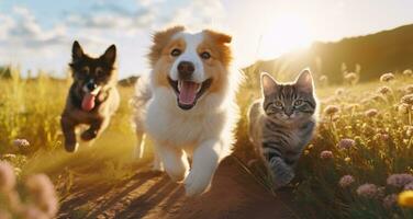 ai generado perros correr en césped y gatos correr en el frente yarda foto