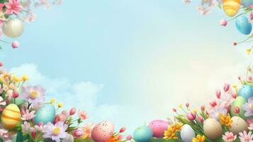 ai generado vistoso Pascua de Resurrección antecedentes adornado con vibrante huevos, flores, y espacioso Copiar zona foto