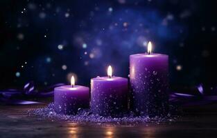 ai generado oscuro espacio con púrpura velas en frente foto