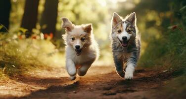 ai generado perros correr en césped y gatos correr en el frente yarda foto