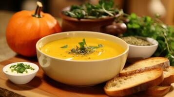 ai generado sano receta para calabaza sopa y nuez squash foto