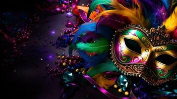 AI generated Vivid Mardi Gras background featuring masks, streamers, and lively colors, photo