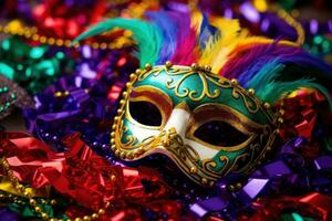 AI generated Vivid Mardi Gras background featuring masks, streamers, and lively colors, photo