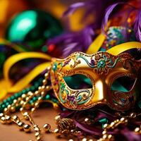 AI generated Vivid Mardi Gras background featuring masks, streamers, and lively colors, photo