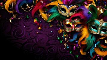 AI generated Vivid Mardi Gras background featuring masks, streamers, and lively colors, photo