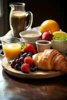 ai generado un delicioso desayuno cuadro presentando cruasanes, bayas, y humeante café foto