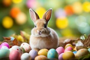 AI generated Vibrant background adorned with a charming bunny, colorful eggs, and festive cheer photo