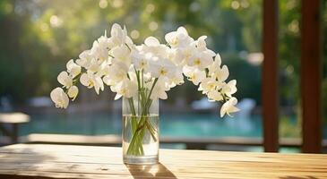 AI generated clear clear vase filled with white orchids and water on wooden table photo