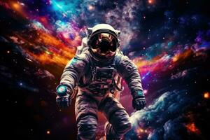 AI generated Astronaut in vivid space, adorned with stars, planets, and expansive copy space for text photo