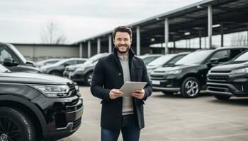 AI generated happy man with tablet in front of cars photo