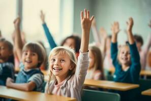 AI generated children are raising their hands in a classroom photo