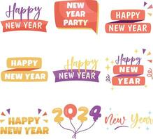 Collection of festive Happy New 2024 Year hand drawn lettering decorated with holiday elements. vector