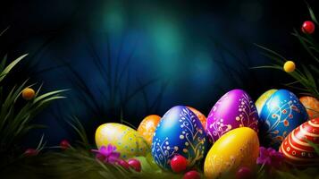 AI generated Easter background with lively colors, decorated eggs, and room for festive greetings photo