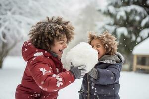 ai generado papá y hijo disfrutar un Nevado día, juguetón bola de nieve peleas foto