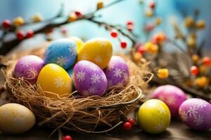 AI generated Easter background with lively colors, decorated eggs, and room for festive greetings photo