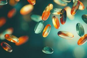 AI generated small pills flying across the glass photo