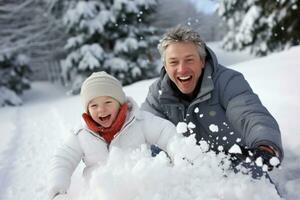 ai generado papá y hijo disfrutar un Nevado día, juguetón bola de nieve peleas foto