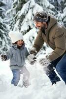 ai generado papá y hijo disfrutar un Nevado día, juguetón bola de nieve peleas foto