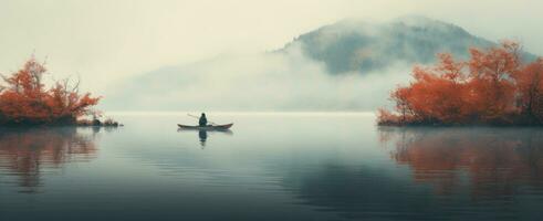 ai generado persona en canoa flotante en un lago con otoñal paisaje foto