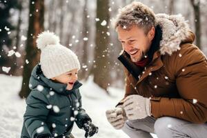 ai generado papá y hijo disfrutar un Nevado día, juguetón bola de nieve peleas foto