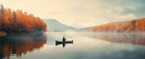 AI generated person in canoe floating in a lake with autumnal scenery photo