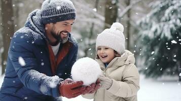 ai generado papá y hijo disfrutar un Nevado día, juguetón bola de nieve peleas foto