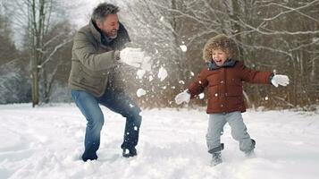 ai generado papá y hijo disfrutar un Nevado día, juguetón bola de nieve peleas foto