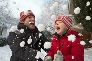 ai generado papá y hijo disfrutar un Nevado día, juguetón bola de nieve peleas foto