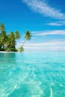 AI generated A vivid vacation backdrop, turquoise waters, palm trees, and expansive copy space photo