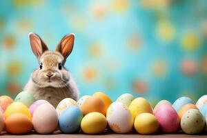 AI generated A lively background with a cute bunny, vibrant eggs, and playful festivities photo