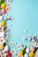 AI generated Colorful Easter background adorned with vibrant eggs, blossoms, and spacious copy area photo