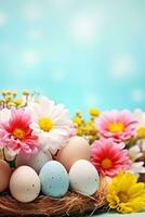 AI generated Vibrant background with eggs, flowers, and ample copy space photo