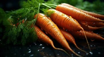 AI generated small carrots with water drops on the surface photo