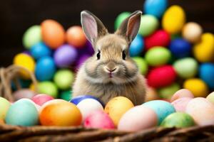 AI generated A lively background with a cute bunny, vibrant eggs, and playful festivities photo