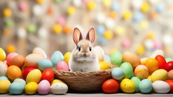 AI generated A lively background with a cute bunny, vibrant eggs, and playful festivities photo