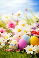 AI generated Vibrant background, colorful eggs, festive decorations, and a canvas for joyful messages photo